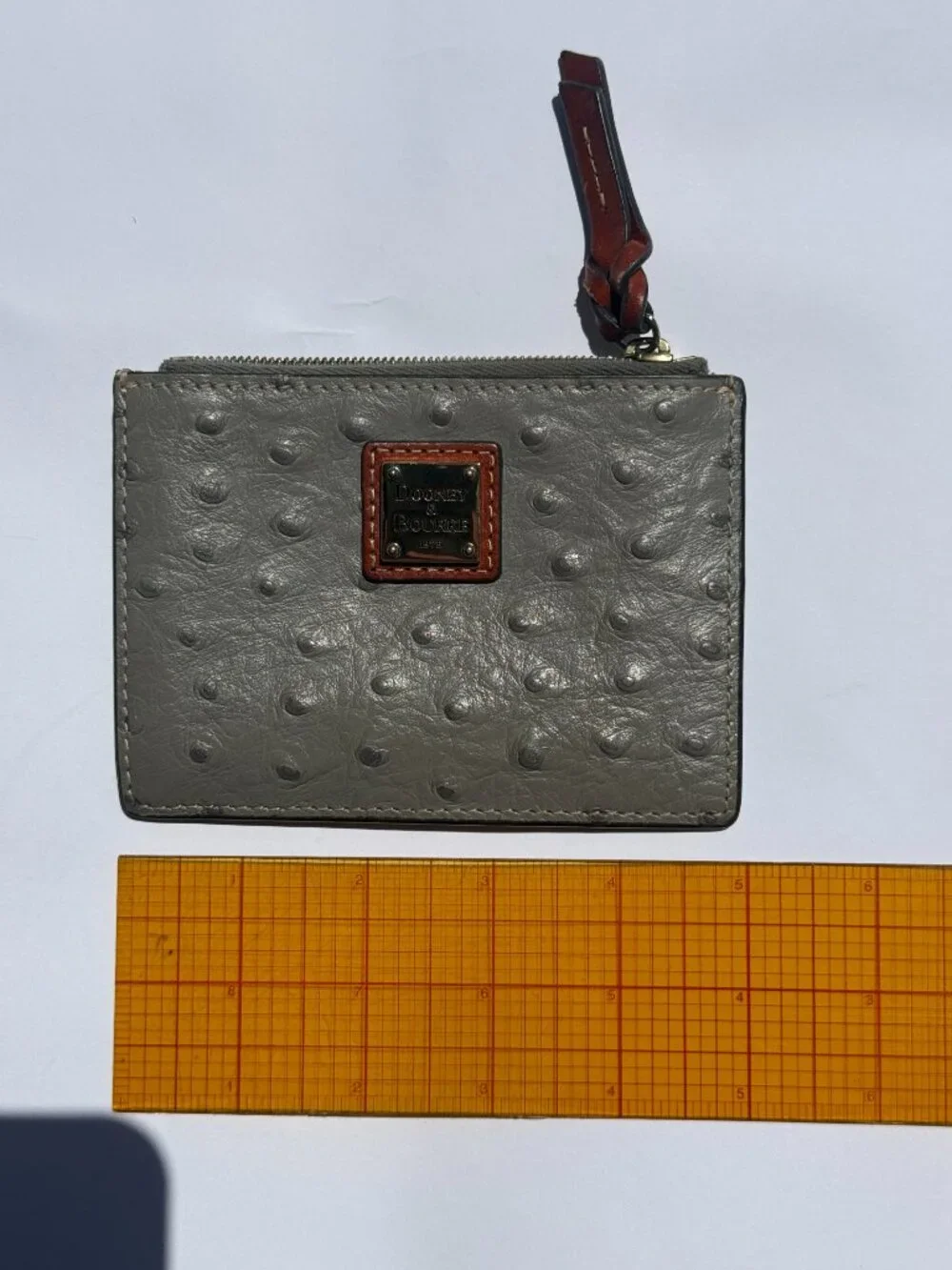Dooney & Bourke Grey Ostrich-Embossed Zip Card Case with Gold Plaque